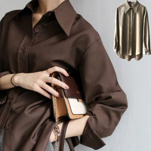 Casual Solid Color Shirt Cardigan Long Sleeve Women Workwear Coffee Blouse - Picture 1 of 12