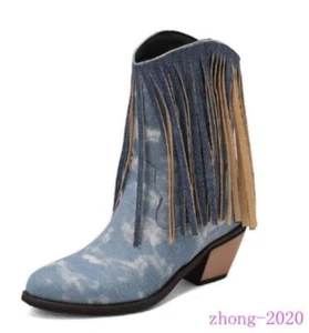 Women's Denim Fabric Tassel Fringe Pointed Toe Ankle Boots Party Casual Outdoor - Picture 1 of 14