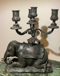 Antiker chinesischer Bronze Caparisoned Elefant Stück Kandelaber oder Kerzenhalter - Bild 1 von 12