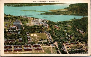 Postcard Kansas Fort Leavenworth Aerial View Missouri River Barracks 1930s V65 - Picture 1 of 2