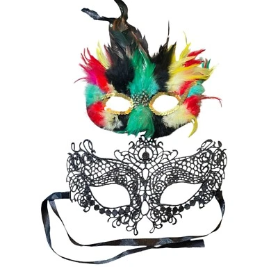 Masquerade 2 pieces Mask Black Venetian Lace & Multicolor Feather Bird Mask - Image 1 of 4