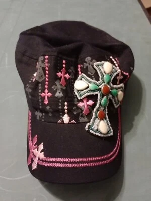 Black Leader LOGA Hat Cap Cross Bling Beaded Embroidered Adjustable Streetwear - Image 1 of 4