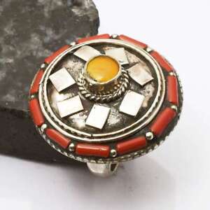 Tibetan Coral Yellow Turquoise Handmade Ring Jewelry US Size-8.25 AR 4949