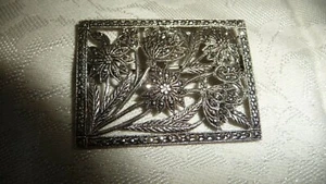 #9/9X vtg Costume PIN Signed (F) STERLING w MARCASITES FLOWERS 1 3/4" L x 1 1/w - Picture 1 of 5