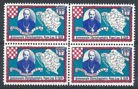 Croatia 1953 Cardinal Stepinac Pope Leo map cinderella poster stamp block 4 MNH Cover