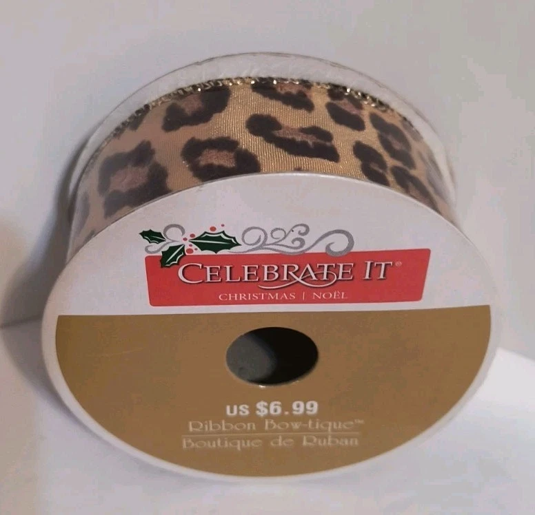 Metallic Leopard Animal Print Wired Ribbon for Bows Crafts Wreaths and Decor NEW - Image 1 of 4