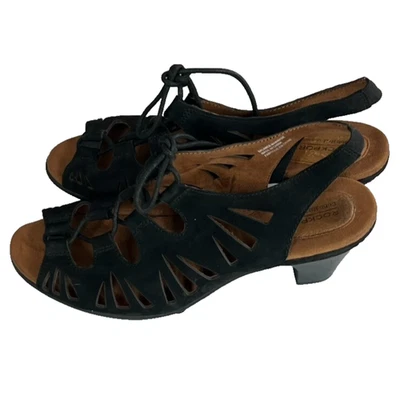 Sandalias de tacón Cobb Hill Rockport para mujer 9W con cordones de cuero negro punta abierta Foto 1 de 4