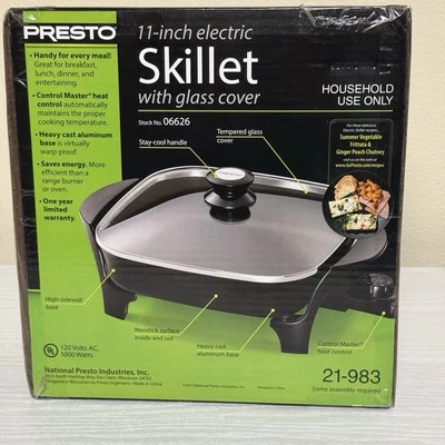 Sartén eléctrica antiadherente Presto 06626 11 pulgadas 1000 vatios con tapa de vidrio en negro Foto 1 de 3