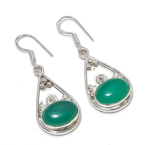 Green Onyx Oval Shape Gemstone Gift Drop Dangle Jewelry Earrings 1.90" MXE 5219 - Picture 1 of 7