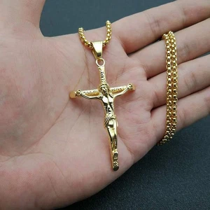 Jesus Cross Necklace For Men | Catholic Necklace | Gold Catholic Necklace - Picture 1 of 14
