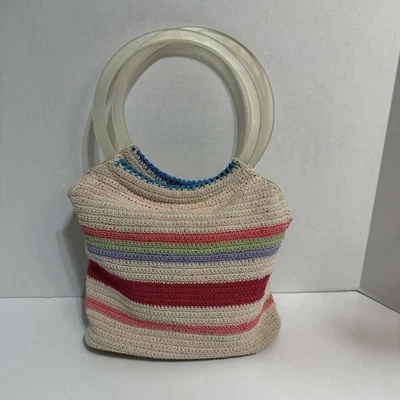 Liz Claiborne Crochet Handbag Tote Purse Striped w/ Clear Ring Handles Summer - Image 1 of 4
