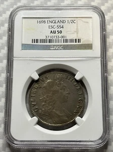 1698 England Half Crown 1/2 Crown Silver William III - NGC AU50 - ESC-554 - Picture 1 of 4