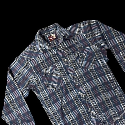 Wrangler Mens Plaid Long Sleeve Western Shirt Pearl Snap Blue Medium As Is - Image 1 of 4