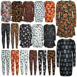 Halloween Girls Skull Pumpkin Witches Ghost Print Leggings Trick Dresses - Picture 1 of 53