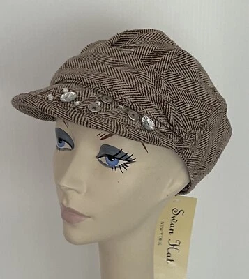 ¡NUEVO CON ETIQUETAS! Sombrero gorra de diseñador mezcla de lana tela MARRÓN espiga lindo ¡ESTILO! Forrado Foto 1 de 4