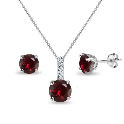 Round Crown Created Ruby & White Topaz Stud Earrings & Necklace Set in Silver - Image 1 of 4