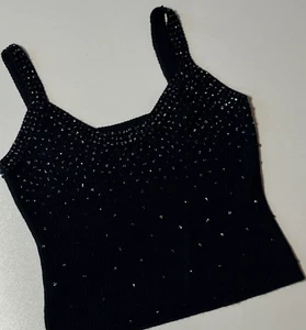 Stenay Wool Blend Beaded Tank Top Size M Black Knit Ribbed Rounded V-Neck Top - Picture 1 of 9