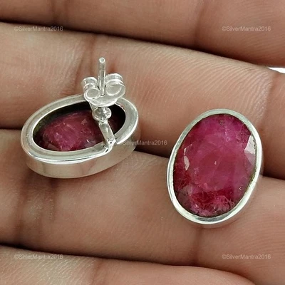 Rubino Gemma Vero 925 Argento Sterling Elegante Natale Regalo Orecchini a Lobo - Immagine 1 di 4