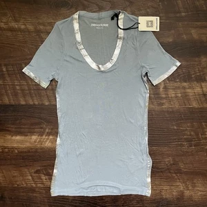 NWT Zadig & Voltaire Tino Foil short sleeve Baby Blue Silver Modal Shirt XS - Picture 1 of 9
