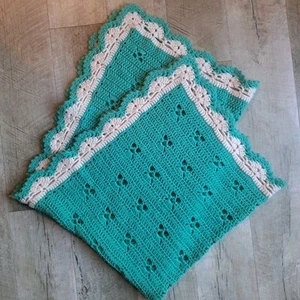 Vintage Knit Throw Baby Blanket Crochet 34x42" Teal Blue Granny Handmade Afghan  - Picture 1 of 3