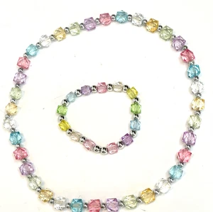 MEHRFARBIGE TRANSLUZENTE PERLEN DEHNBAR HALSKETTE & ARMBAND SET BUNT FUNKELND - Bild 1 von 7