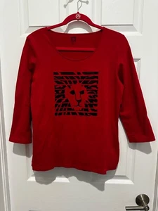 VINTAGE Anne Klein Shirt Womens MED Red Long ROUND Neck Big Lion Logo - Picture 1 of 4