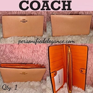 Cartera grande plegable Coach de cuero granulado refinado naranja pálido/brillante - Imagen 1 de 16