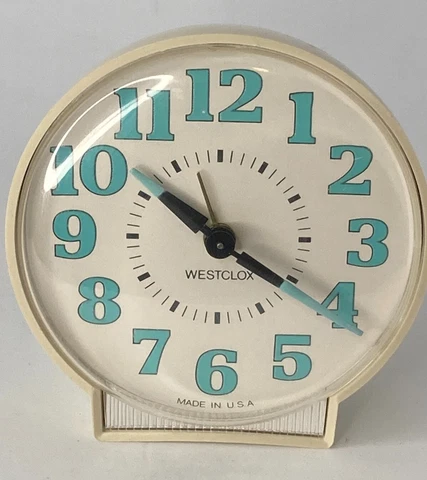 Retro, Westclox, Cream w/Turquoise Numbers, Wind Up Clock-WORKS Cover