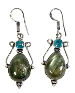 Labradorite Blue Topaz Handmade 1.92" Drop Dangle Earring Stamped  925 Silver - Picture 1 of 11