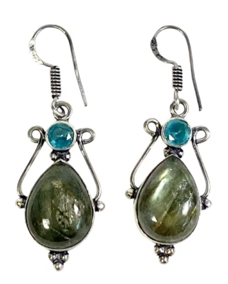 Labradorite Blue Topaz Handmade 1.92" Drop Dangle Earring Stamped  925 Silver - Image 1 of 4