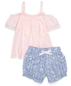 Self Esteem Toddler Girl's Pink Floral Print Top & Chambray Short Set-Size-2T - Picture 1 of 2