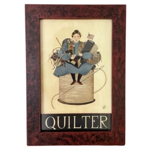 Vintage Quilting Folk Art Print Dianna Swartz Quilter Cat Americana Framed 16" - Picture 1 of 12