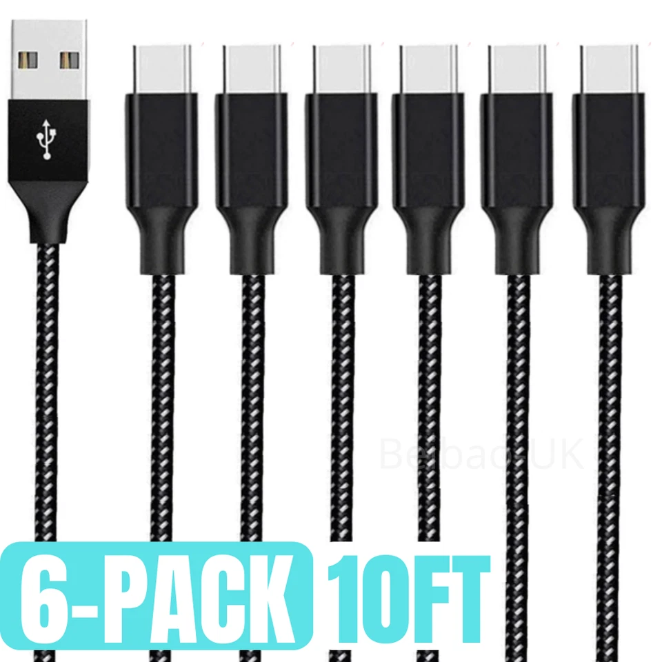 6X Wholesale Bulk USB Cable 10FT Braided Type C Charger Data Cord For Samsung LG - Image 1 of 4