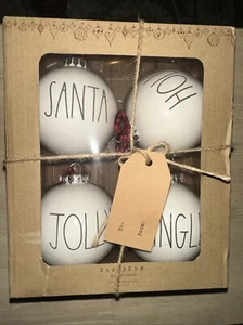 Rae Dunn by Magenta CHRISTMAS ORNAMENTS 4 WHITE BALLS Santa/Holly/Jolly/Jingle - Picture 1 of 5