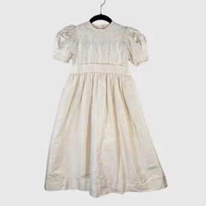 Strasburg Beige Midi Beaded Puff Sleeve Bow Silk Flower Girls Dress Size 7Y - Picture 1 of 15