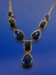 BARSE-LAPIS LAZULI Cabochon Necklace Golden Bronze Teardrops Rectangles NWT - Picture 1 of 14