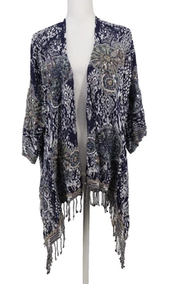 Kimono Soft Surroundings Mujer Pequeño Mediano Lana Azul Marino Bordado Lentejuelas Borla Foto 1 de 4