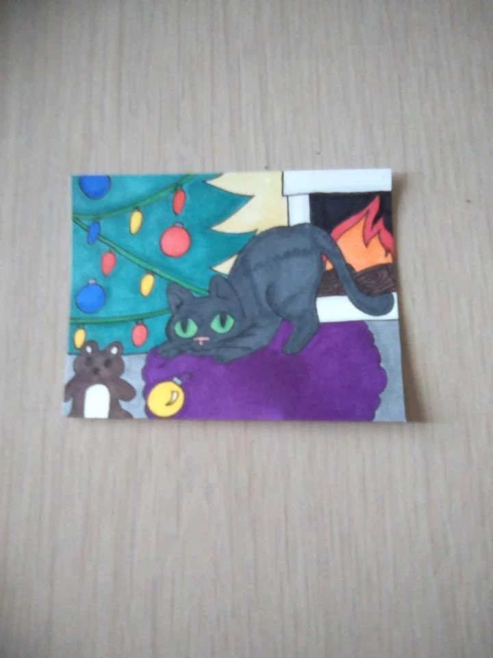 Tarjeta de arte de pintura ACEO original de medios mixtos ATC gato de Navidad 34 Foto 1 de 1