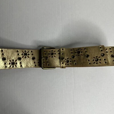 Express Women’s Cracked Gold Soft Leather 2” Width Tooled Boho Belt Size M - Image 1 of 4