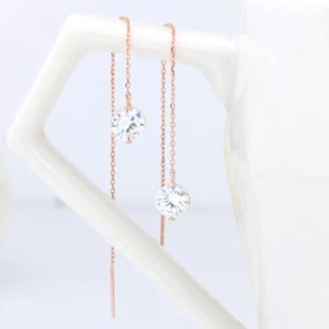 JNK 14K Solid Rose Gold Round Cubic Long Threader Drop Dangle a Pair of Earrings - Picture 1 of 4