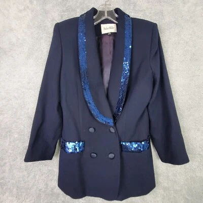 Vtg Nolan Miller Womens Blazer Sz 8 Blue Wool Sequin Collar Button Up 3 Qtr Slv Foto 1 de 4