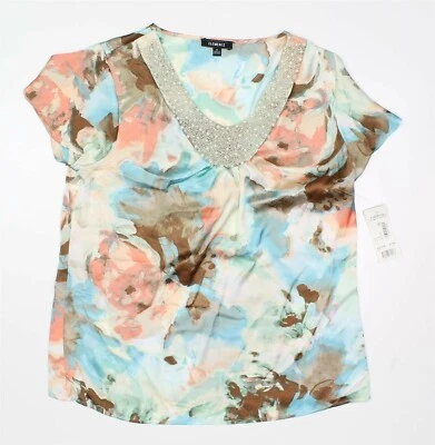 ELEMENTS Women Medium PEARL Embellished V NECK Short Sleeve BLOUSE MULTI - Image 1 of 3