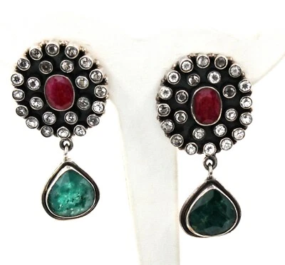 Pendientes de piedra de zafiro esmeralda rubí plata de ley .925 pendientes perforados de 2"   Foto 1 de 4