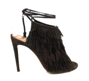 AQUAZURRA CHOCOLATE BROWN FRINGED SUEDE SO POCAHONTAS SANDALS SZ.40-NEW - Picture 1 of 6