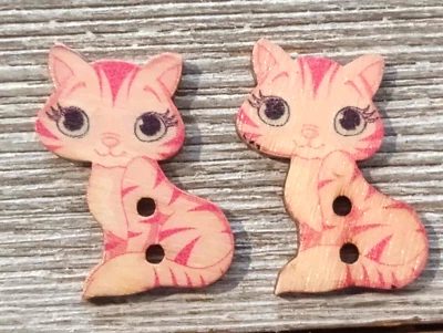 2 Pink Kitten Cat Sewing Buttons Crafting Wood 2 Hole 1"  - Image 1 of 2