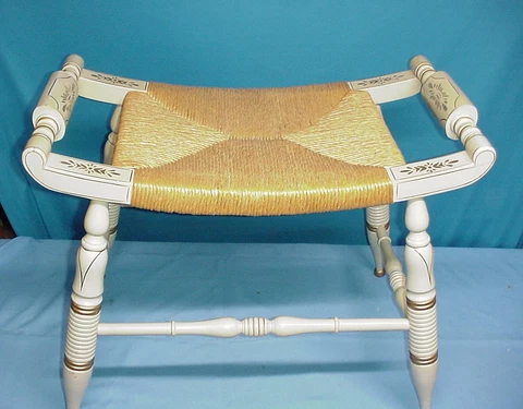 Country Wood Stool Bench Woven Rush Curved Saddle Seat Antique White Grass Reed Cover