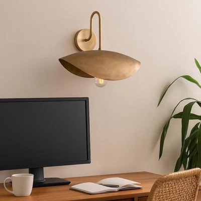 Modern Brass Wall Sconce – 16" Wide Sculptural Metal Light Fixture for Bedroom, - Image 1 of 4