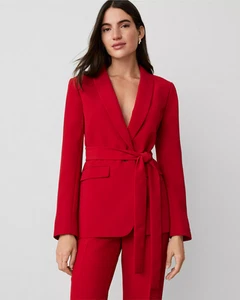 NEW ANN TAYLOR $189 GINGHAM RED FLUID CREPE BELTED SHAWL COLLAR BLAZER SZ 8 - Picture 1 of 3