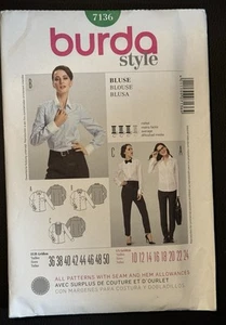 BURDA Style Pattern 7136 Womens Blouse Button Front Long Sleeve Sz 10 - 24 UNCUT - Picture 1 of 5
