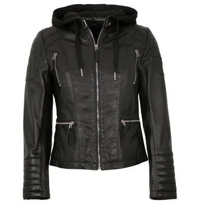 Bruno Banani - Damen Lederjacke Lammnappa Kapuze schwarz